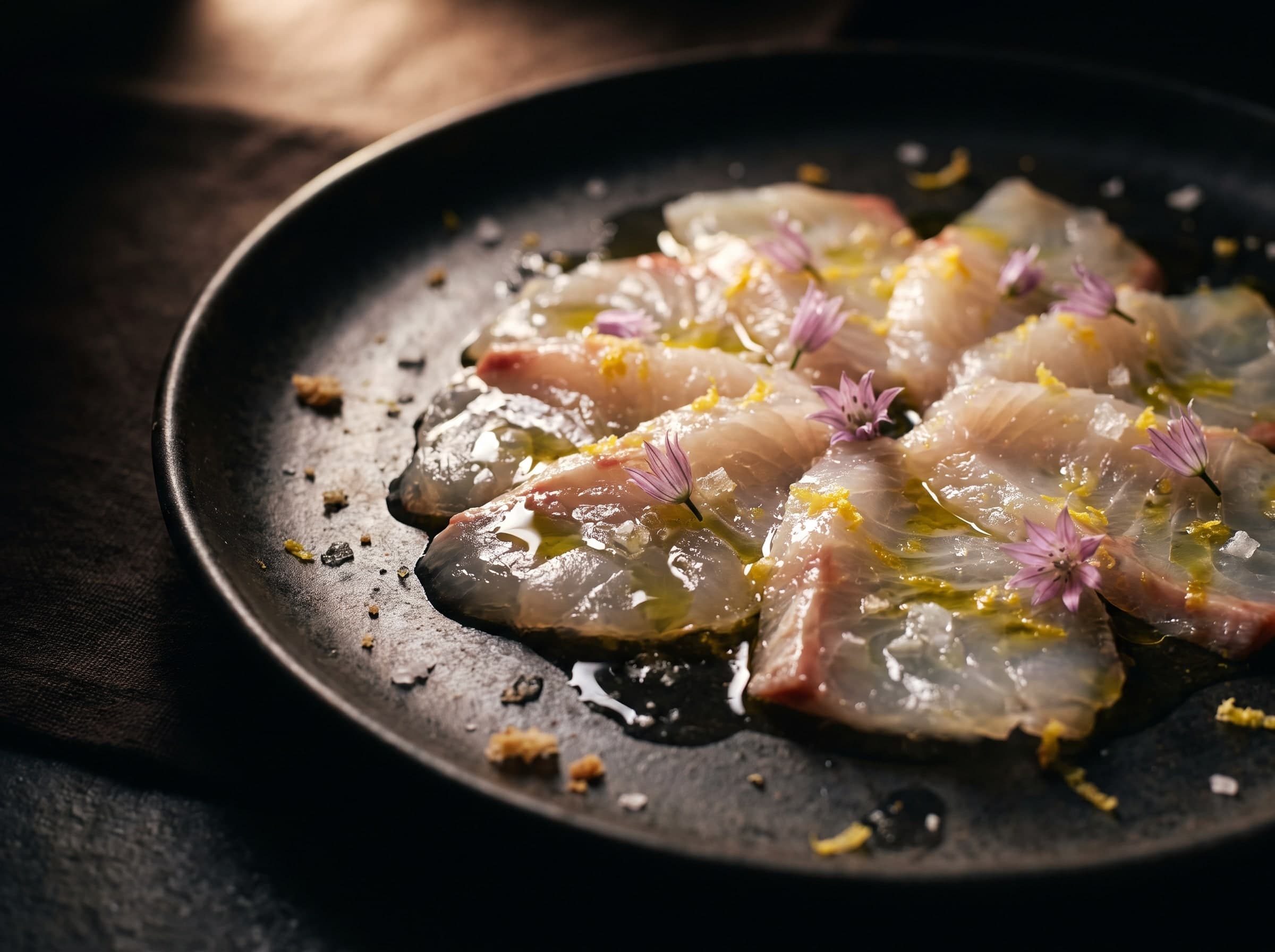 Dünn geschnittenes Doradencrudo mit Olivenöl, Zitronenzeste und Schnittlauchblüten