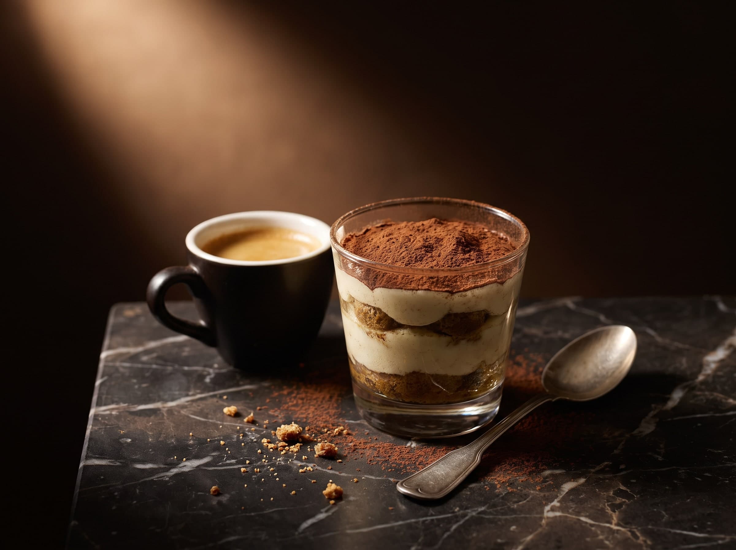 Tiramisù im Glas mit Kakaopulver neben einer Espressotasse auf Marmor