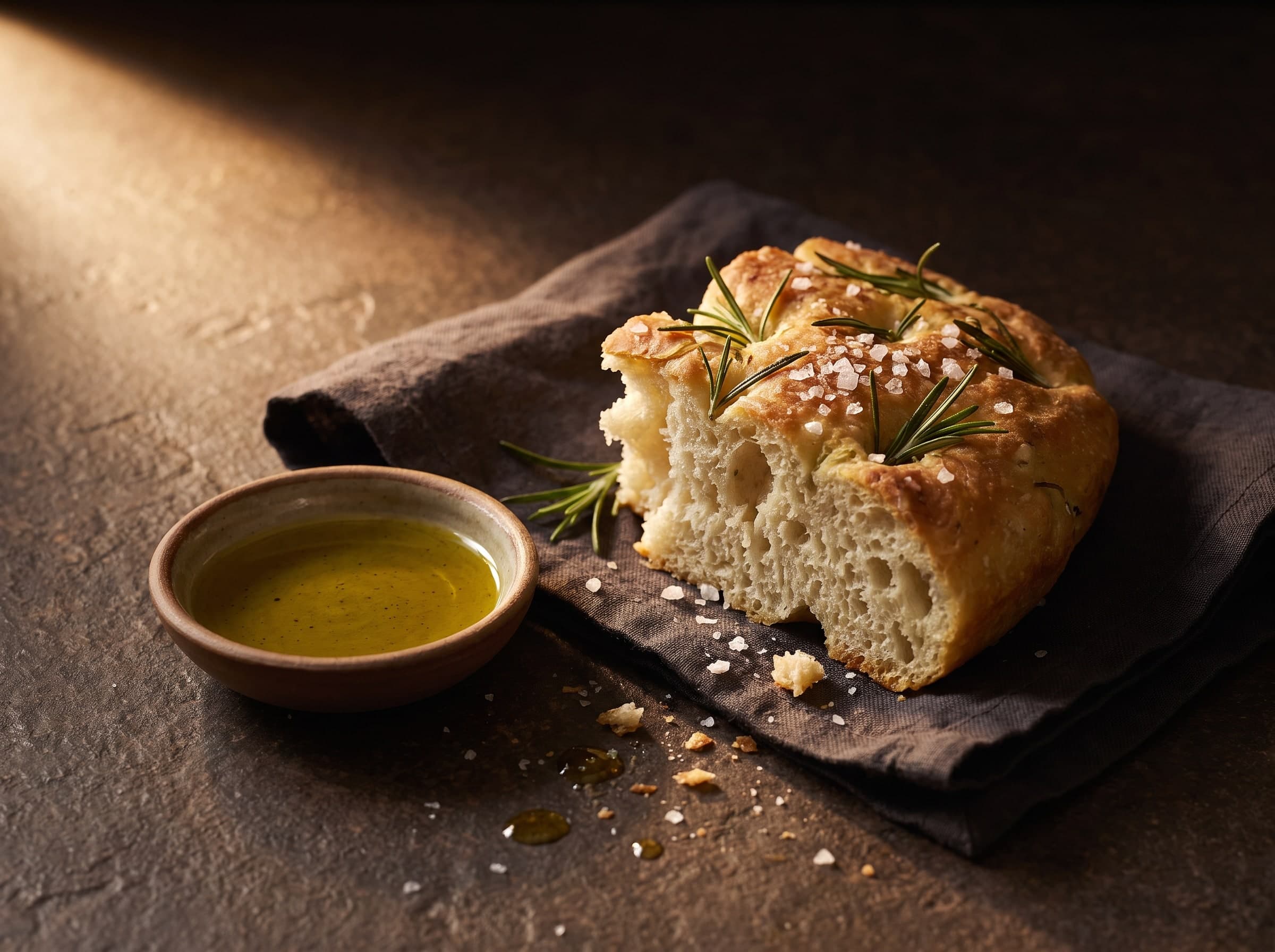 Aufgerissene Focaccia mit Rosmarin und Meersalz neben einer Schale Olivenöl