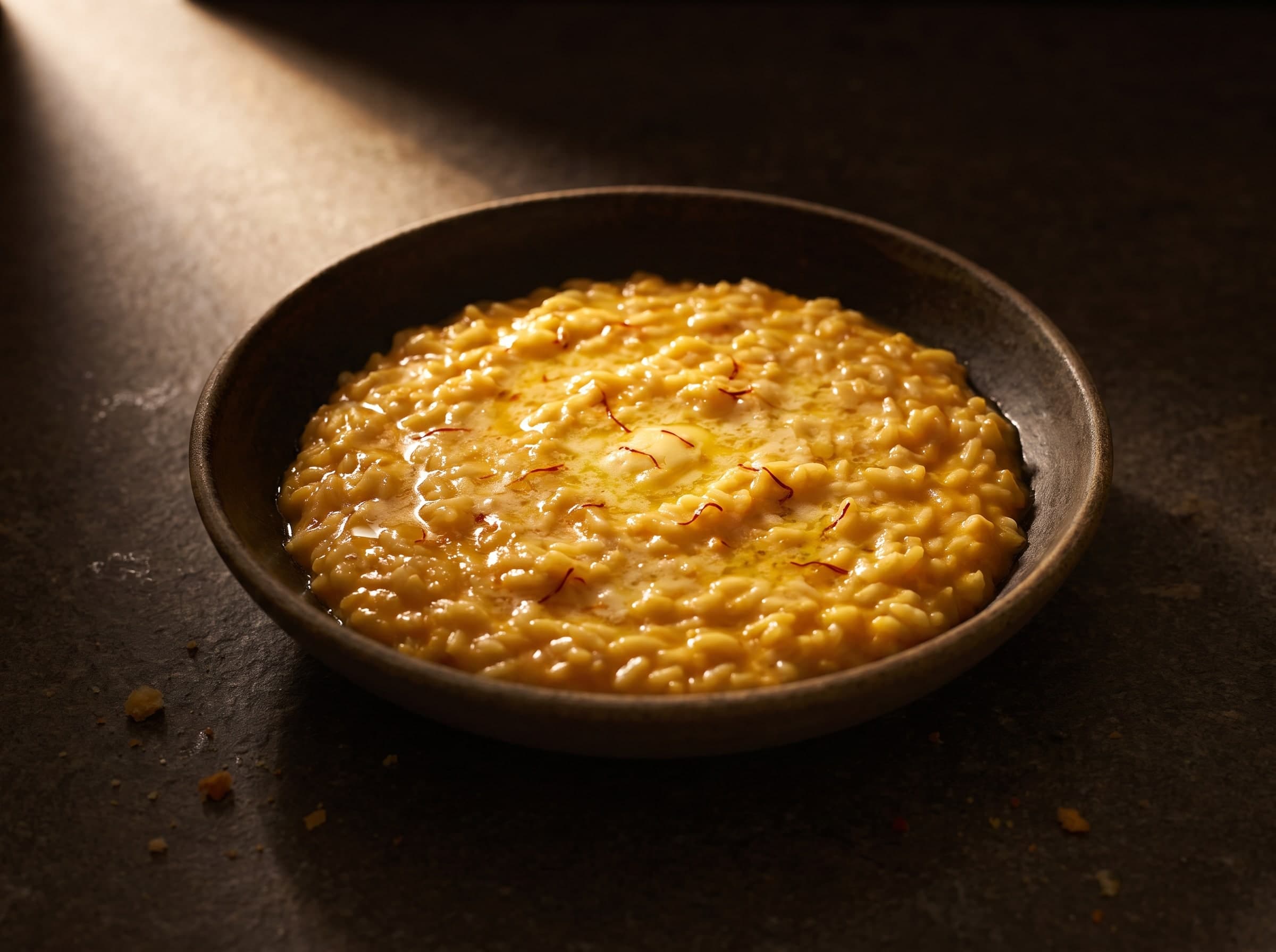 Flache dunkle Schale mit glänzendem Safranrisotto und Safranfäden