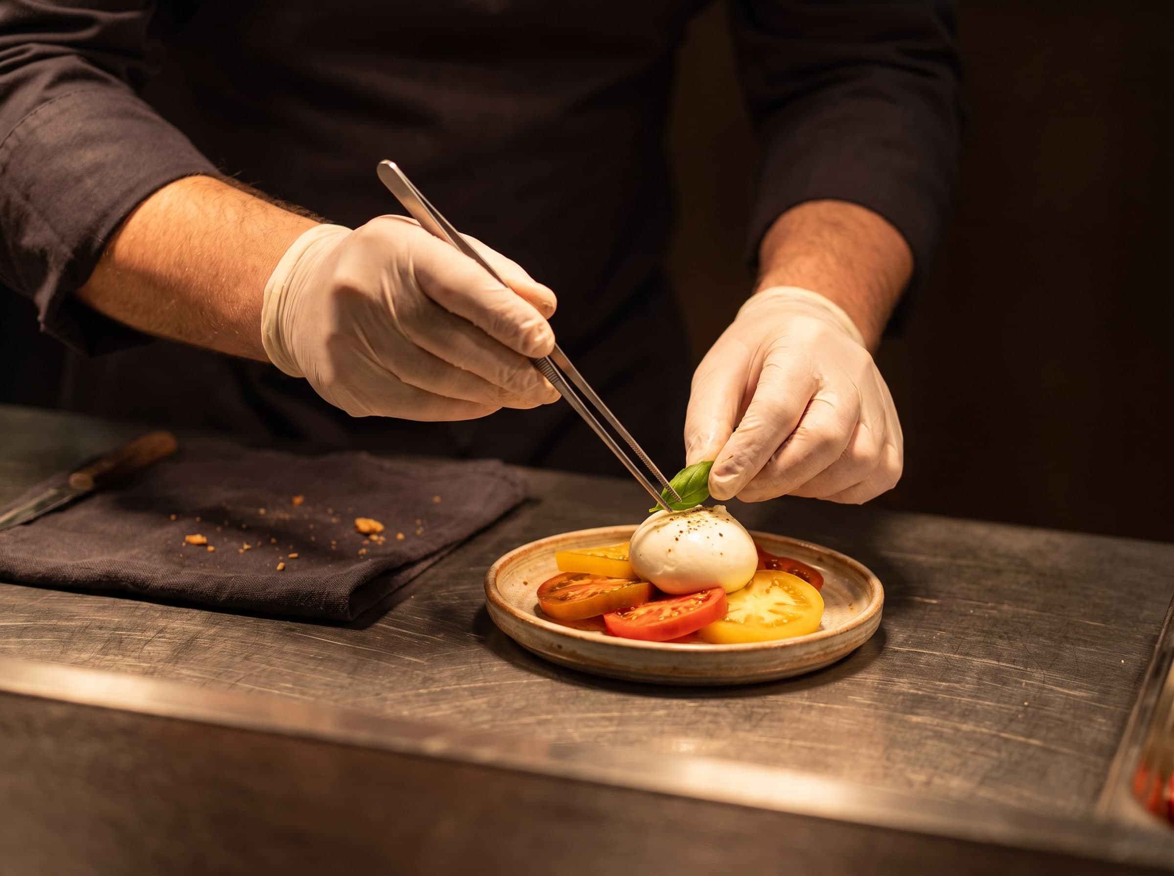 Hände legen mit einer Pinzette ein Basilikumblatt auf Burrata mit Tomaten