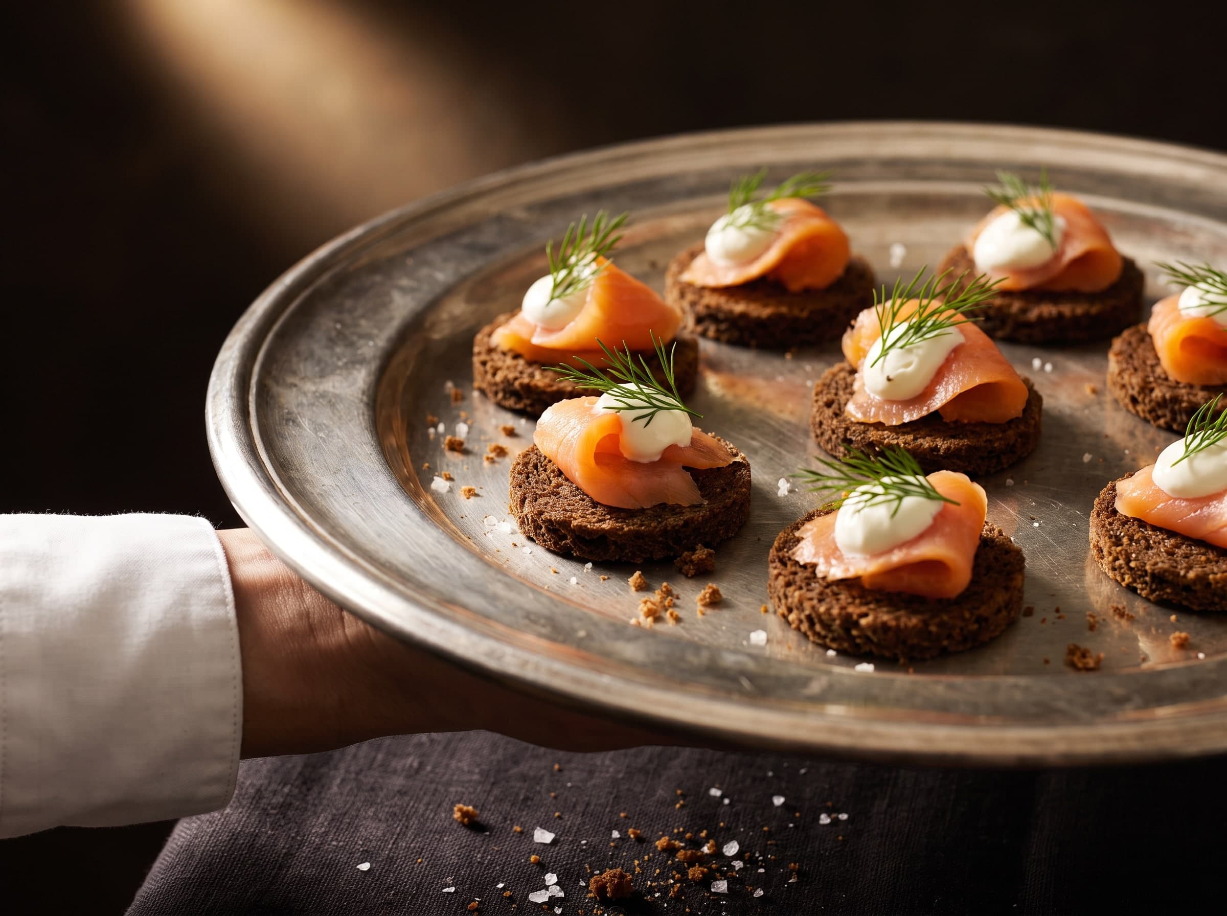 Hand hält ein Silbertablett mit Lachs-Canapés auf dunklem Brot, Crème fraîche und Dill