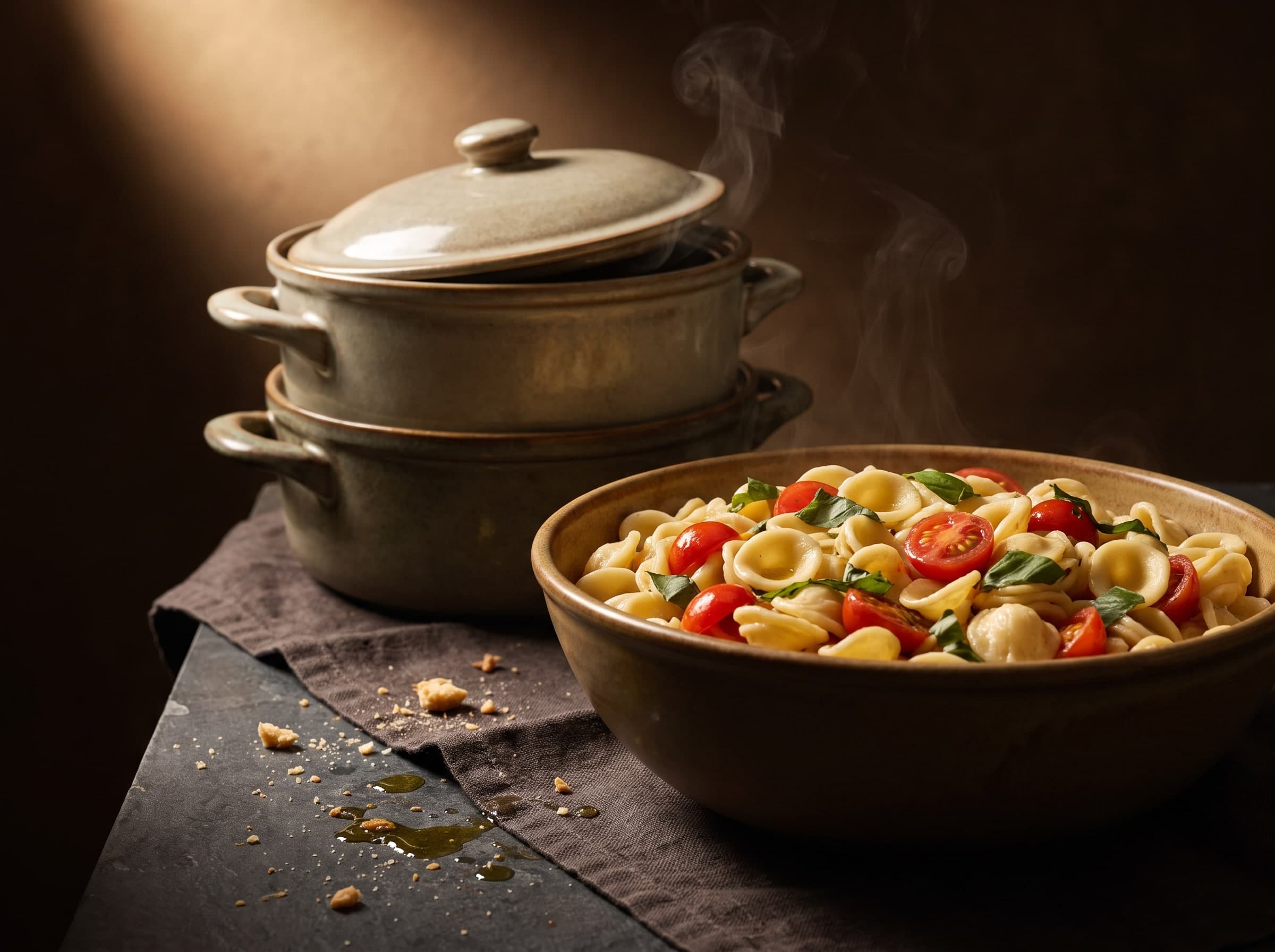Große Schüssel Orecchiette mit Kirschtomaten und Basilikum neben Keramiktöpfen