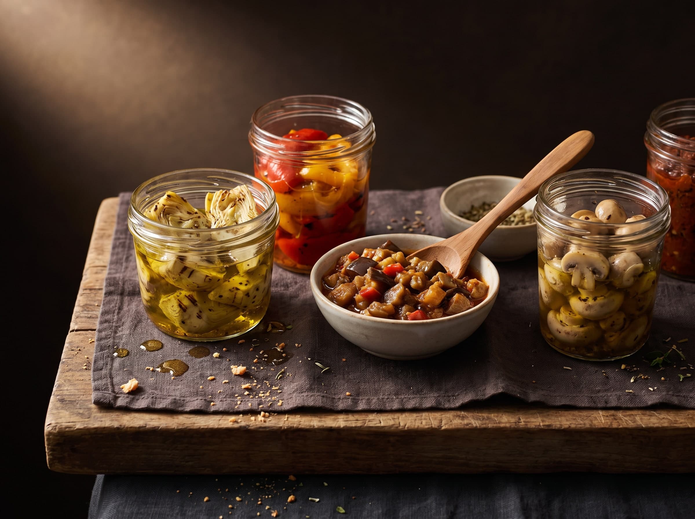 Gläser und Schalen mit eingelegten Artischocken, Paprika, Caponata und Pilzen